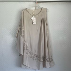 One Shoulder Grecian Champagne Beaded Mini Dress